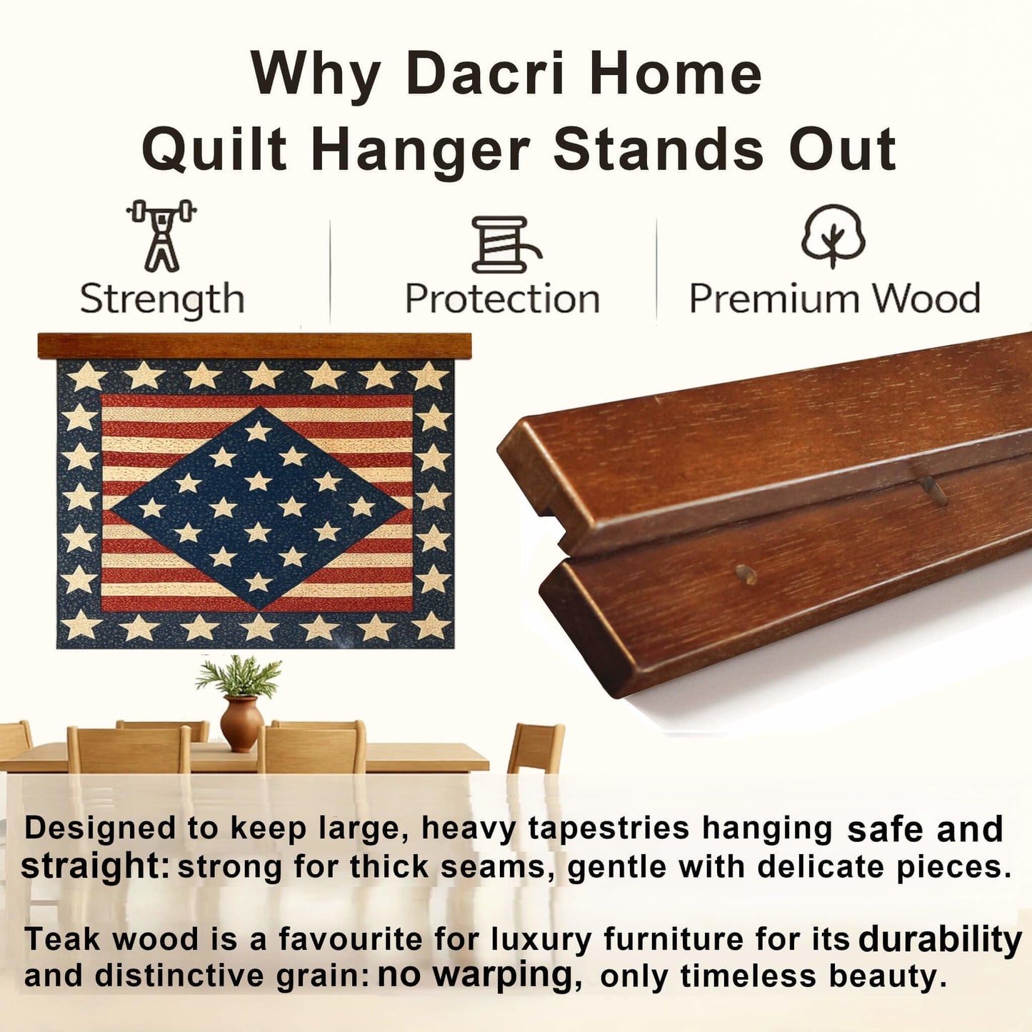 Dacri Home Quilt Hanger for Wall Display - 72 Inch Tapestry Hanger from Premium Teak Wood, Safe Mount Quilt Rack for Heavy Rugs, Tapestries, and Other Wall Hangings (Light Wallnut)