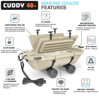 Cuddy Crawler Cooler with Wheels – 40 QT Amphibious Floating Cooler and Dry Storage Vessel - Tan