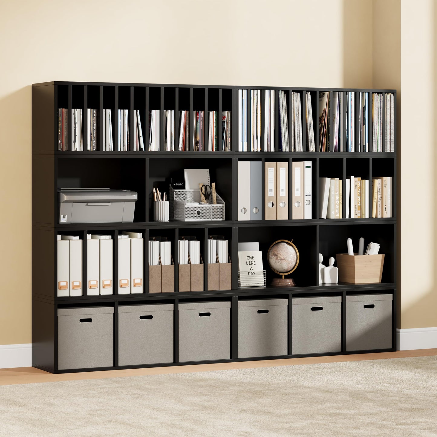 IOTXY DIY Modular Cube Bookcase - CubeXY Customizable Stackable Expandable Combination Set, 23-Cube Open Bookshelf for Books, Fabric Storage Bin, and 7/10-inch Vinyl Record Organizer, Black