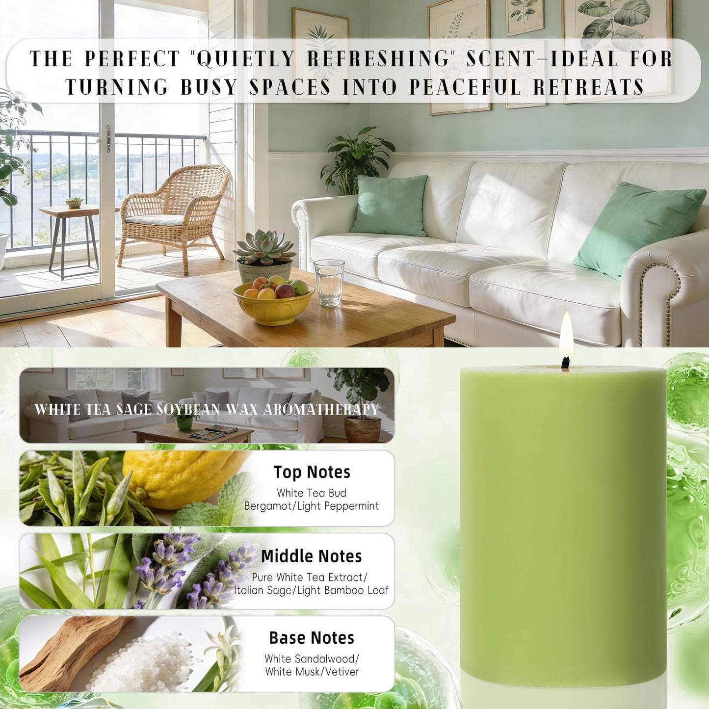 4 Pack Sage & White Tea Scented Pillar Candles-2.8x4 Inch Sage Green Soy Wax Candles-240 Hour Long Lasting Burning,Spring Aromatherapy, Non-Toxic & Smokeless for Home Decor, Dinner,Stress Relief&Gift