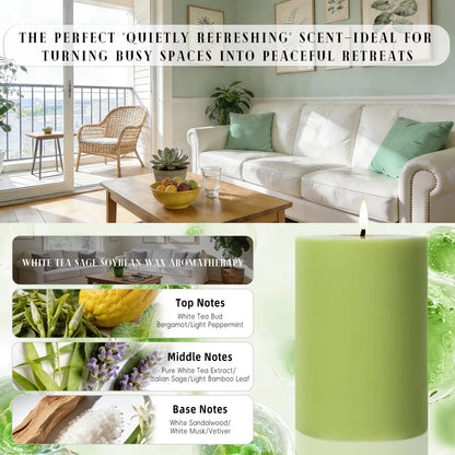 4 Pack Sage & White Tea Scented Pillar Candles-2.8x4 Inch Sage Green Soy Wax Candles-240 Hour Long Lasting Burning,Spring Aromatherapy, Non-Toxic & Smokeless for Home Decor, Dinner,Stress Relief&Gift