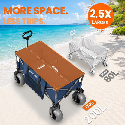 Deralumer X800 Heavy Duty Beach Wagon with 9"x4" Balloon Wheels – 200L Foldable Wagon Cart, 41" Collapsible Utility Wagon with Side Bag for Beach Essentials, Sports, Camping & Outdoor