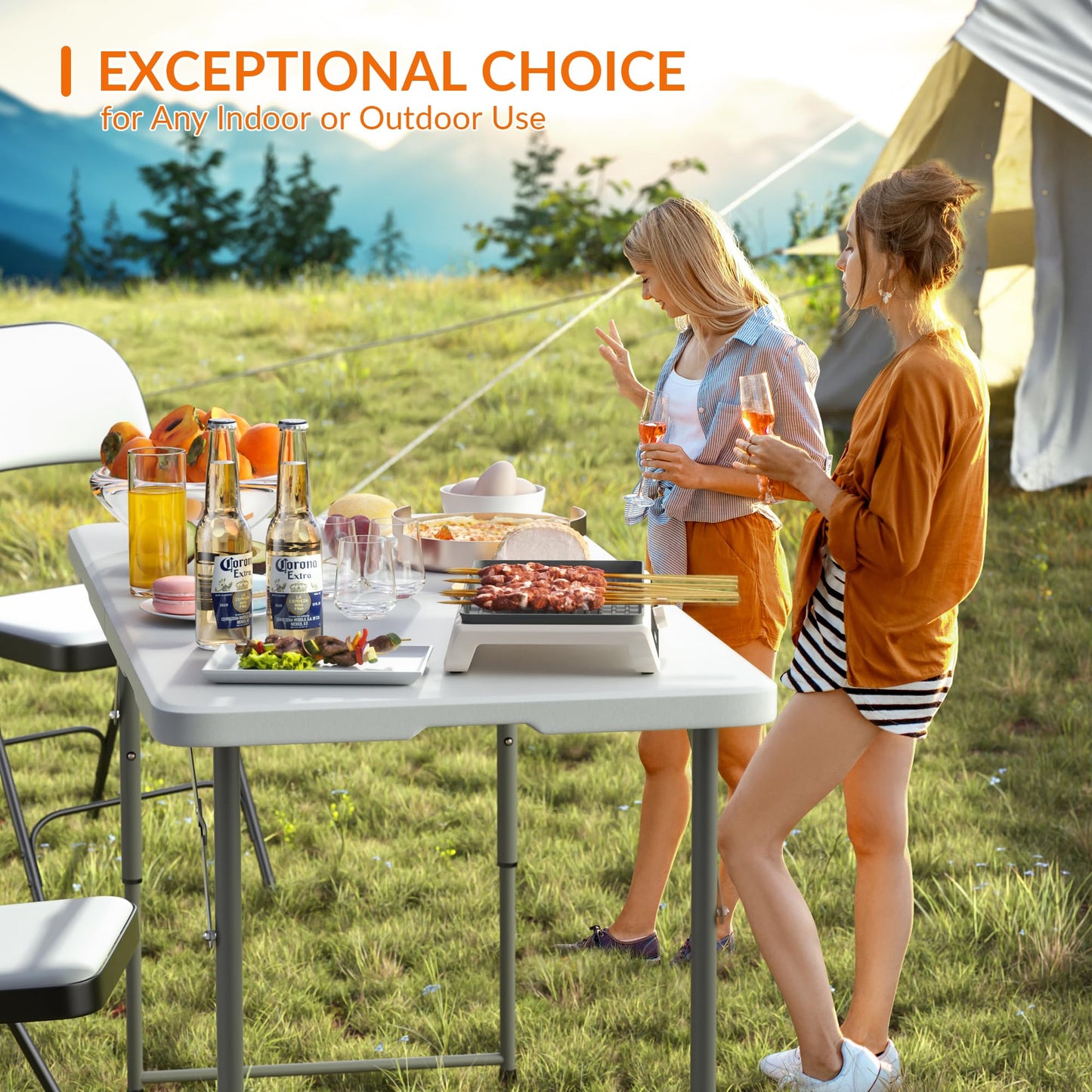 Elevon Folding Table Set with 4 White Folding Chairs,4 Feet Heavy Duty Fold-in-Half Utility Table Sets for Picnic, Event, Training, Outdoor Activities, at Home and Commercial Use