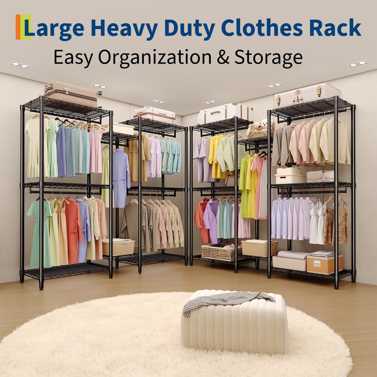 ExploreHorizon Freestanding Adjustable Garment Rack – Heavy Duty 1874LBS Capacity, 5 Hanging Rods & 8 Wire Shelves, Portable Closet Organizer (76.5" H x 73.6" L x 17.4" W)