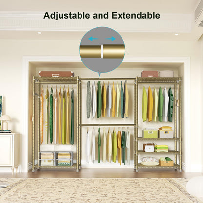 Ulif E1 Heavy Duty Closet Garment Rack, 6 Tiers Adjustable Metal Freestanding Expandable Clothing Storage with 4 Hanger Rods, Easy to Assemble Wardrobe, 71.4" H x (70" - 88.2") L x 14" D, Gold