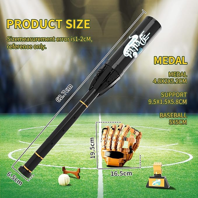 Sosuy Baseball Building Blocks Sets for Boys 968 Pcs with Bat Glove Ball Trophy and Display Stand Educational STEM Toys for Boy Kids Men Teen for Sports Fan Model for Play Display