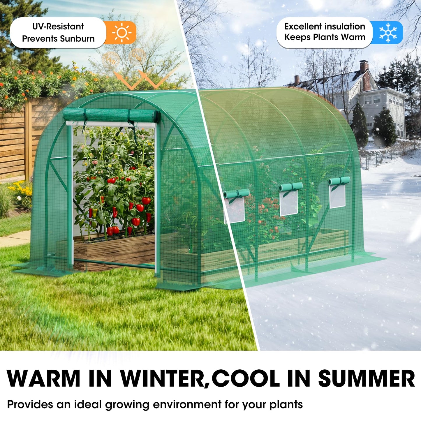 Grezone Walk-in Greenhouse Upgraded Green House with Dual Zippered Screen Doors & 6 Screen Windows Heavy Duty Plastic Plant Warm House with Reinforced Frame (10x7x7 FT)