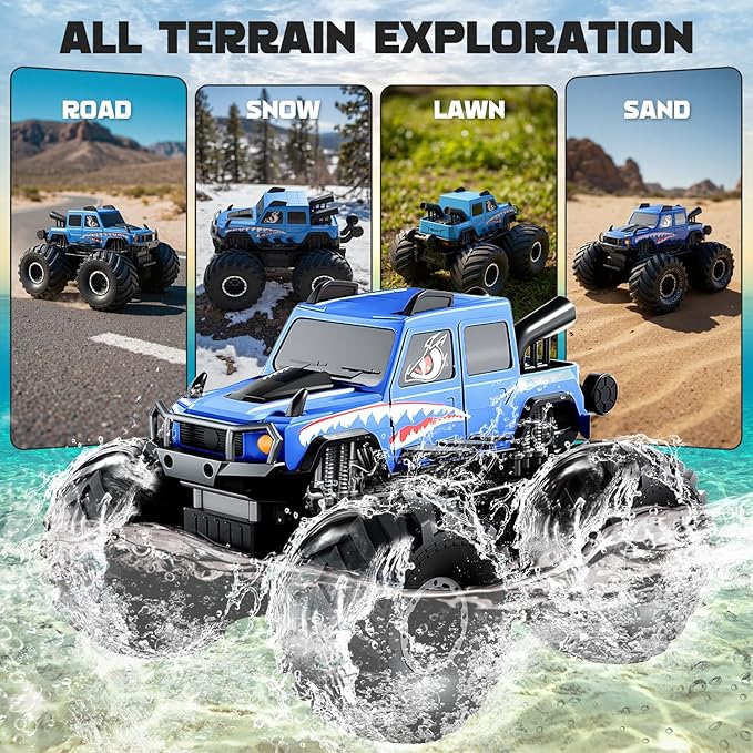 Amphibious Remote Control Trucks2.4G 1:18 4WD All Terrain Off-Road Waterproof Monster RC Cars Pool Toys Hobby RC Vehicle Christmas Birthday Gifts for Kids Boys Girls 8 9 10 11 12+ Bule