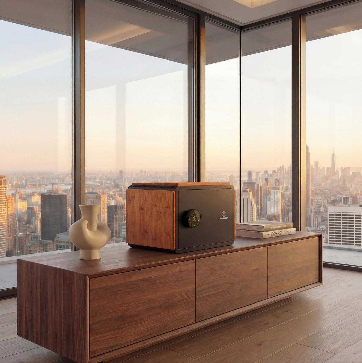 Iron Lock® Smart Safe with Wood Finish, Fingerprint & Touchscreen Keypad, Bluetooth App Control, Share Access, Emergency Key, Bolt-Down Security