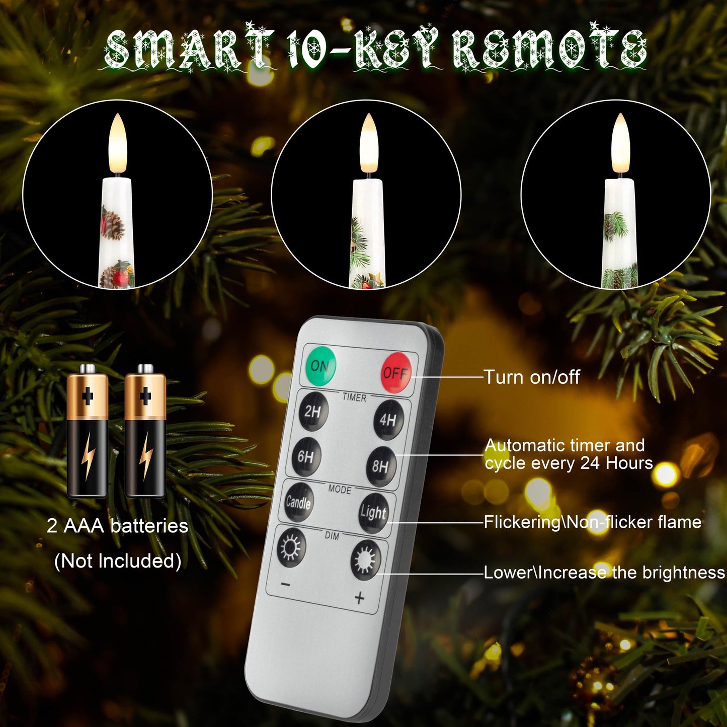 AFINETH Christmas Flameless Taper Candles with Pine Leaves, Pine Cones, Bells, 9.6" Real Wax LED Candles with Remote, 3 Pcs Flickering Battery Operated Candlesticks, Xmas Candle for Home, Party Decor