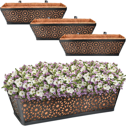 Halatool 24 Inch Window Box with Coco Liner, 4 Pack Sturdy Metal Flower Railing Planter with Coco Coir Basket Liners for Window Deck Fence Porch Balcony and Patio Outdoor Indoor Lawn