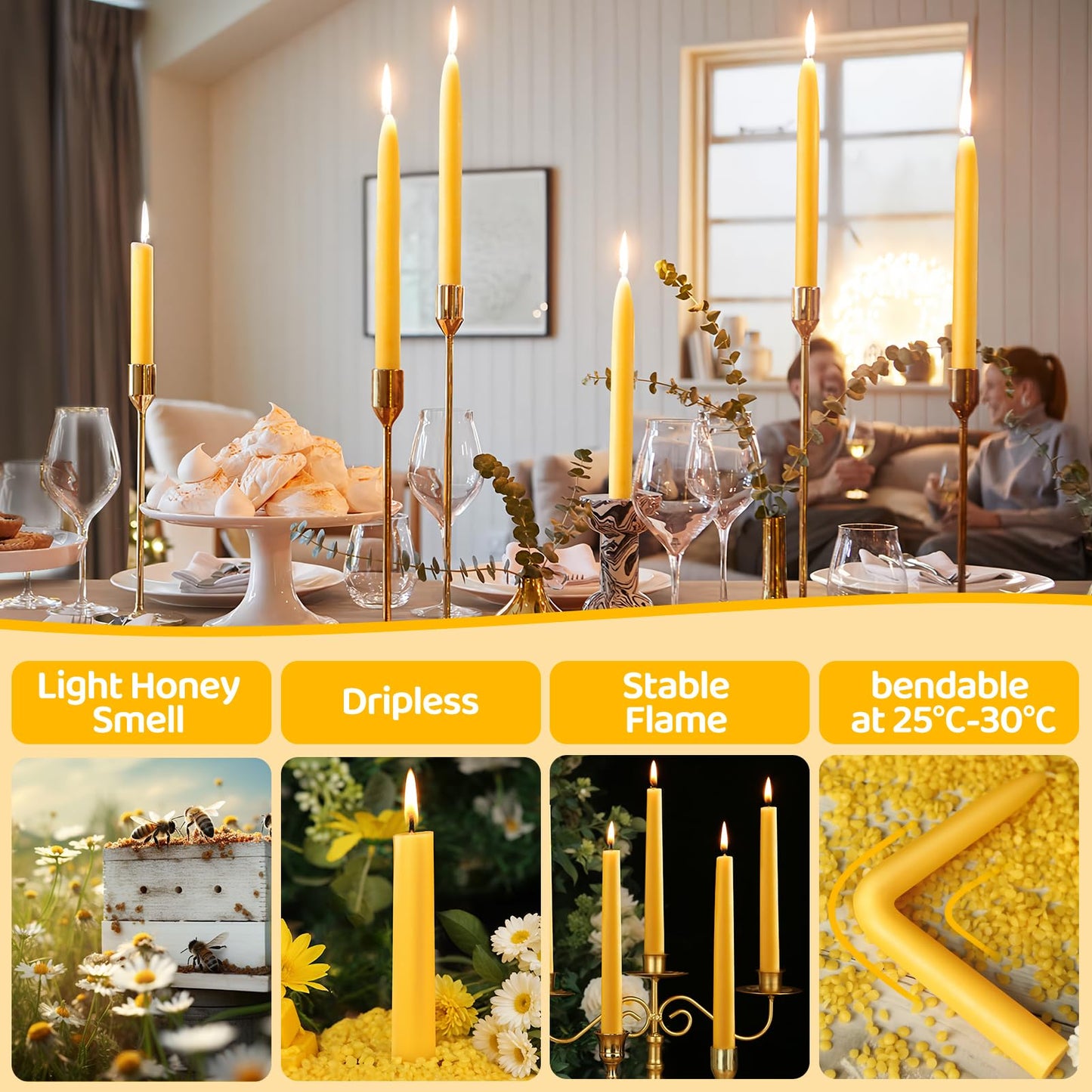 18PCS Beeswax Taper Candles,9" Handmade Natural Candles Sticks,10 Hours Long Lasting Burning,Nontoxic,Dripless and Smokeless Bees Wax Candles for Home
