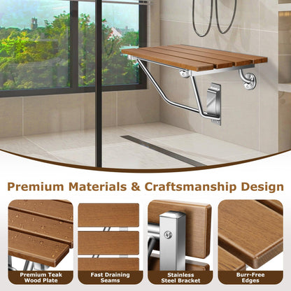 28" Wall Mounted Folding Shower Seat with Stainless Steel Bracket, Structural Stability, 500 lb Capacity, Space-Saving, Teak Shower Bench for Elderly, Disabled, Pregnant Women, Kids