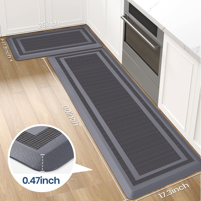 KitchenClouds [2 PCS] Kitchen Rugs Cushioned Anti-Fatigue Kitchen Mats for Floor Waterproof Kitchen Rug Set Non-Slip Comfort Standing Mat for Office, Sink, Laundry 17.3"×28"+17.3"×60", Grey