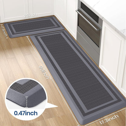 KitchenClouds [2 PCS] Kitchen Rugs Cushioned Anti-Fatigue Kitchen Mats for Floor Waterproof Kitchen Rug Set Non-Slip Comfort Standing Mat for Office, Sink, Laundry 17.3"×28"+17.3"×60", Grey