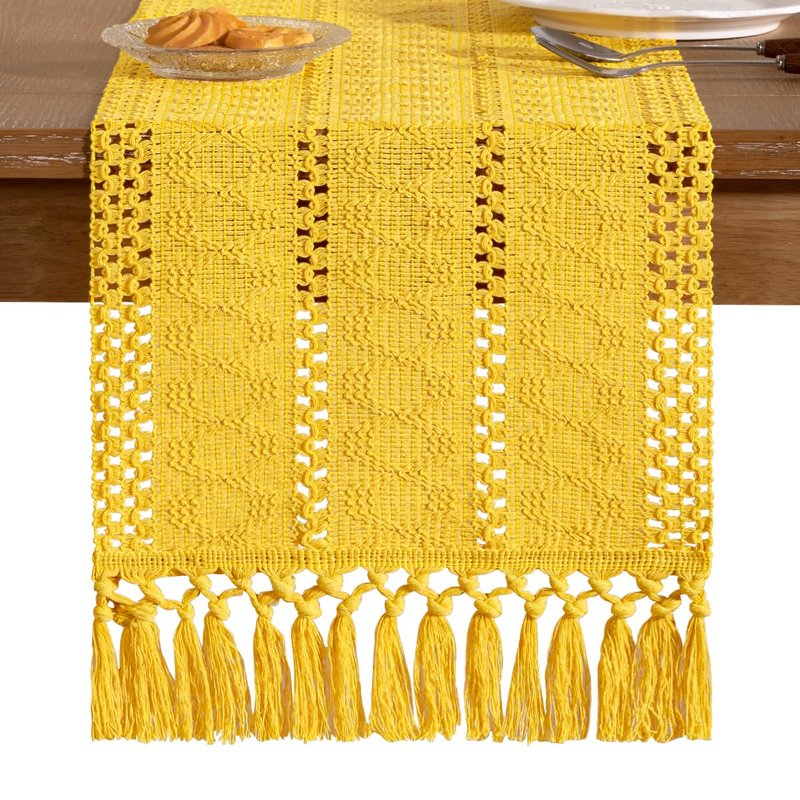 Socomi Boho Table Runner Easter Spring Farmhouse Rustic Dining Kitchen Centerpiece Decor Small Macrame Woven Cotton Linen Coffee Table Runner for Dresser Scarf Home Decor 12x72 in Yellow Gold