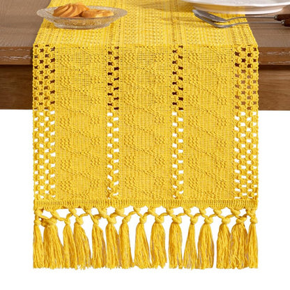 Socomi Boho Table Runner Easter Spring Farmhouse Rustic Dining Kitchen Centerpiece Decor Small Macrame Woven Cotton Linen Coffee Table Runner for Dresser Scarf Home Decor 12x72 in Yellow Gold