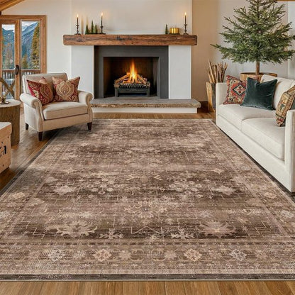 Hazo Haus Boho Taupe Living Room Rug - Vintage Traditional 7x10 Washable Non-Slip Area Rug for Dining & Bedroom