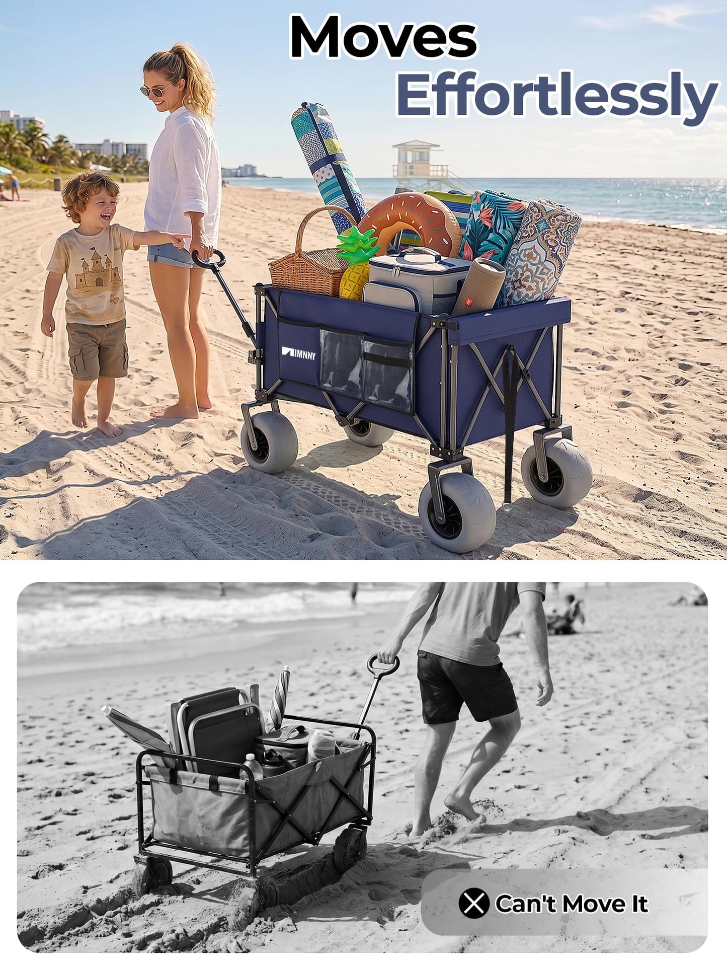 Aimnny Beach Wagon with Big Wheels for Sand, 9"x4" All-Terrain with Brakes, 300L Capacity Beach Cart with 55" Expandable Tailgate, Heavy Duty Collapsible Wagon for Camping Outdoor (Blue)