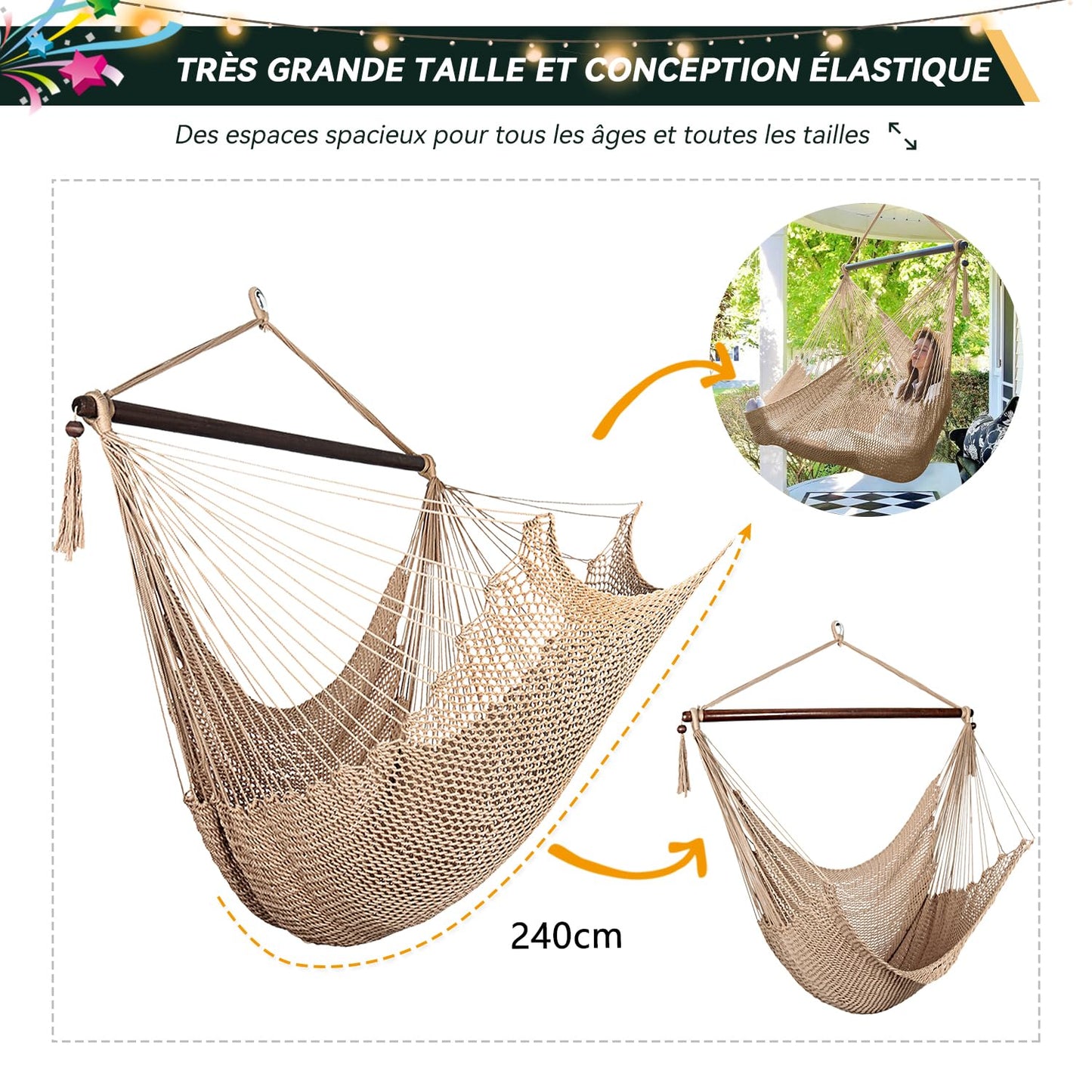 Bathonly Large Hammock Chair with Spreader Bar, Caribbean Hammock Swing Chair with Stand, XL Hammock Chair Outdoor Indoor, 330 LBS Weight Capacity