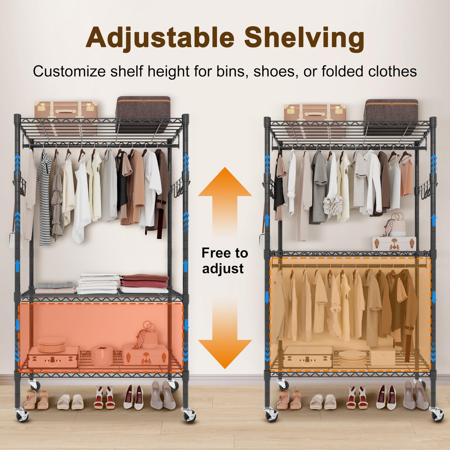 Whitmor 3 Tier Rolling Garment Rack, Heavy Duty Adjustable Metal Clothing Rack with Side Hooks, Double Rods & 360° Lockable Wheels, Max 600LBS for Hanging Clothes, 35.4" L x 16" W x 77" H, Black