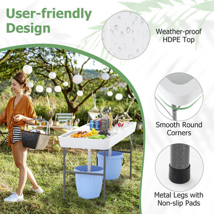 Giantex 5 FT Folding Ice Table with Double Sinks and Drains, Portable Ice Cooler Table with Removable Skirt, No Assembly, Foldable in Half, Fill and Chill Stand for Party Camping BBQ Wedding, White