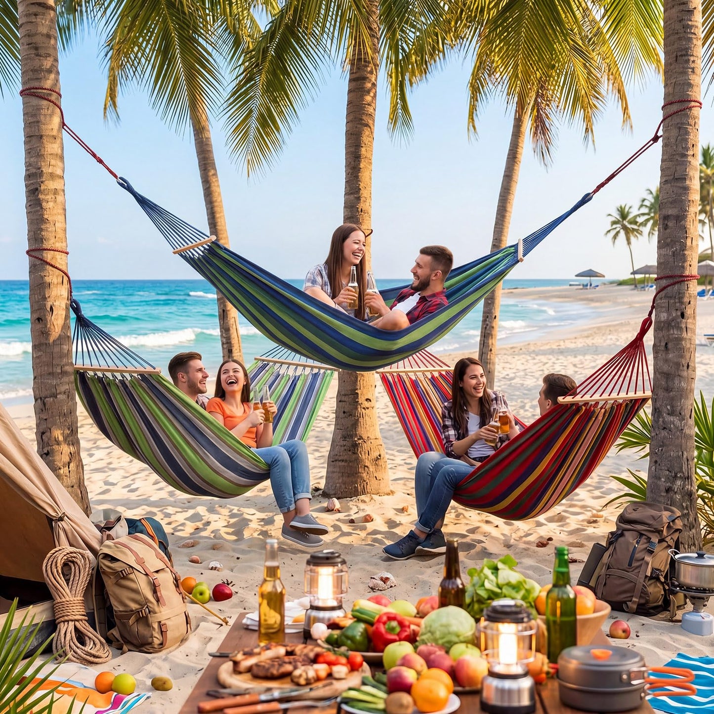 SATINIOR 4 Pack Canvas Camping Hammock for Outside 120 x 59 in Large Comfortable Hammocks up to 660lbs with Travel Bag Anti Roll Balance Beam Tree Strap for Outdoor/Indoor Beach Patio Backyard Garden