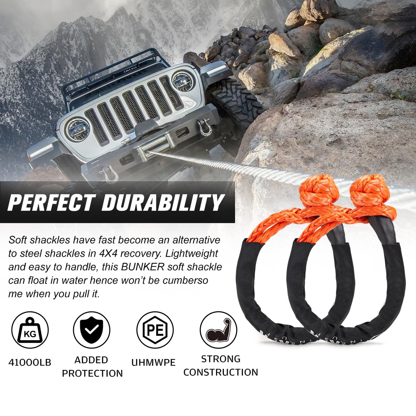 BUNKER INDUST Offroad High Lift Jack with Pair Traction Board Mate + 2Pcs Synthetic Soft Shackle Rope