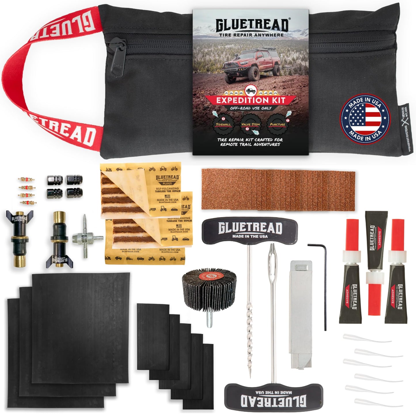 GlueTread Expedition All-Inclusive Off-Road Tire Repair Kit | Repair Any Kind of Tire Damage or Puncture | Includes Sidewall Tire Repair Patches, Plugs, and Colby Emergency Valve Stems