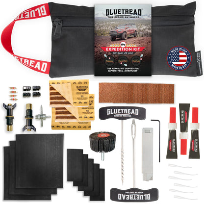 GlueTread Expedition All-Inclusive Off-Road Tire Repair Kit | Repair Any Kind of Tire Damage or Puncture | Includes Sidewall Tire Repair Patches, Plugs, and Colby Emergency Valve Stems