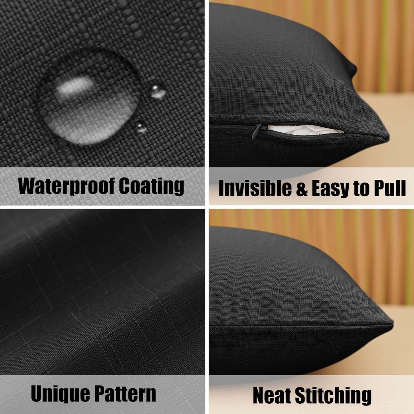 NiNi Decorative Outdoor Pillow Covers - Waterproof Linen Cushion Shams | Set of 2, 18x18 Inch, Black