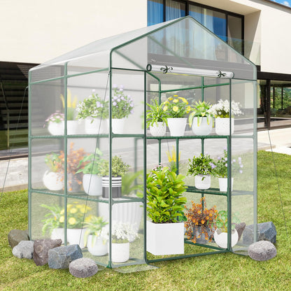 Happygrill Greenhouse, Portable Greenhouses for Outdoors w/8 Shelves, Roll-Up Zippered Door, 2 Observation Windows & 2 Tiers, Weather-Proof PE Cover, Wind Rope (Transparent, 55” x 57” x 77”)