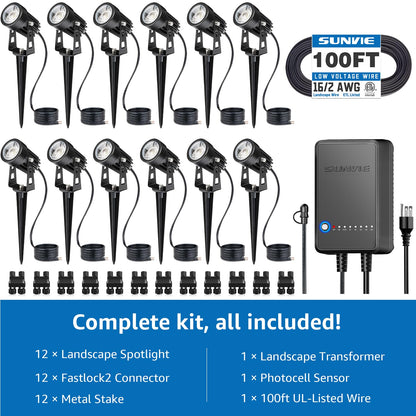 SUNVIE All-in-One LED Landscape Lighting Kit, 12-Pack, 3000K, Black, Model KTWW12SA, Includes Transformer and 100FT Wire