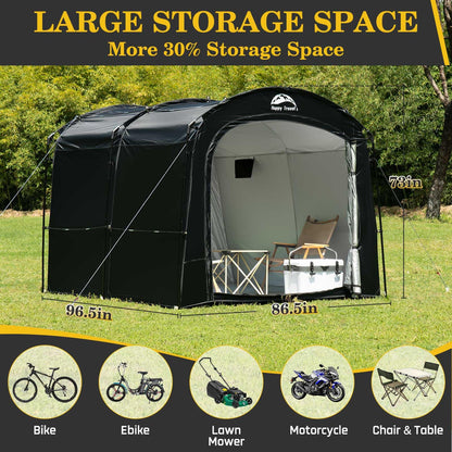 Happy Travel Bike Storage Tent, Outdoor 8×7×6.3ft Large 2-in-1 Portable Shed More 30% Top Space W/Double Doors with Mesh, Outside Lawn Mower Shelter and Bicycle Cover for Patio Furniture, Garden Tools