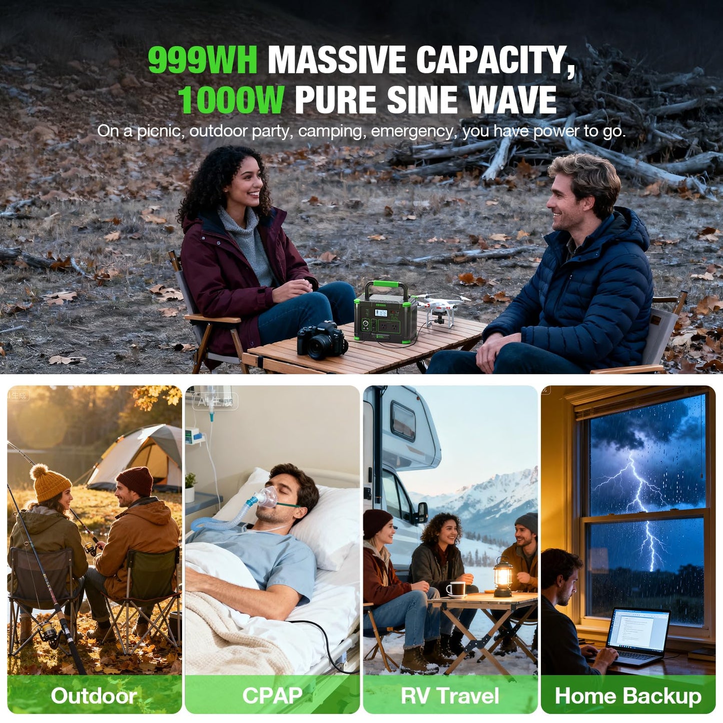EBL Portable Power Station 1000W Solar Generator 999Wh Fast Charging Backup Battery with 10W Wireless Charging & Multiple Ports for Camping, Home Backup, RV & Off-Grid