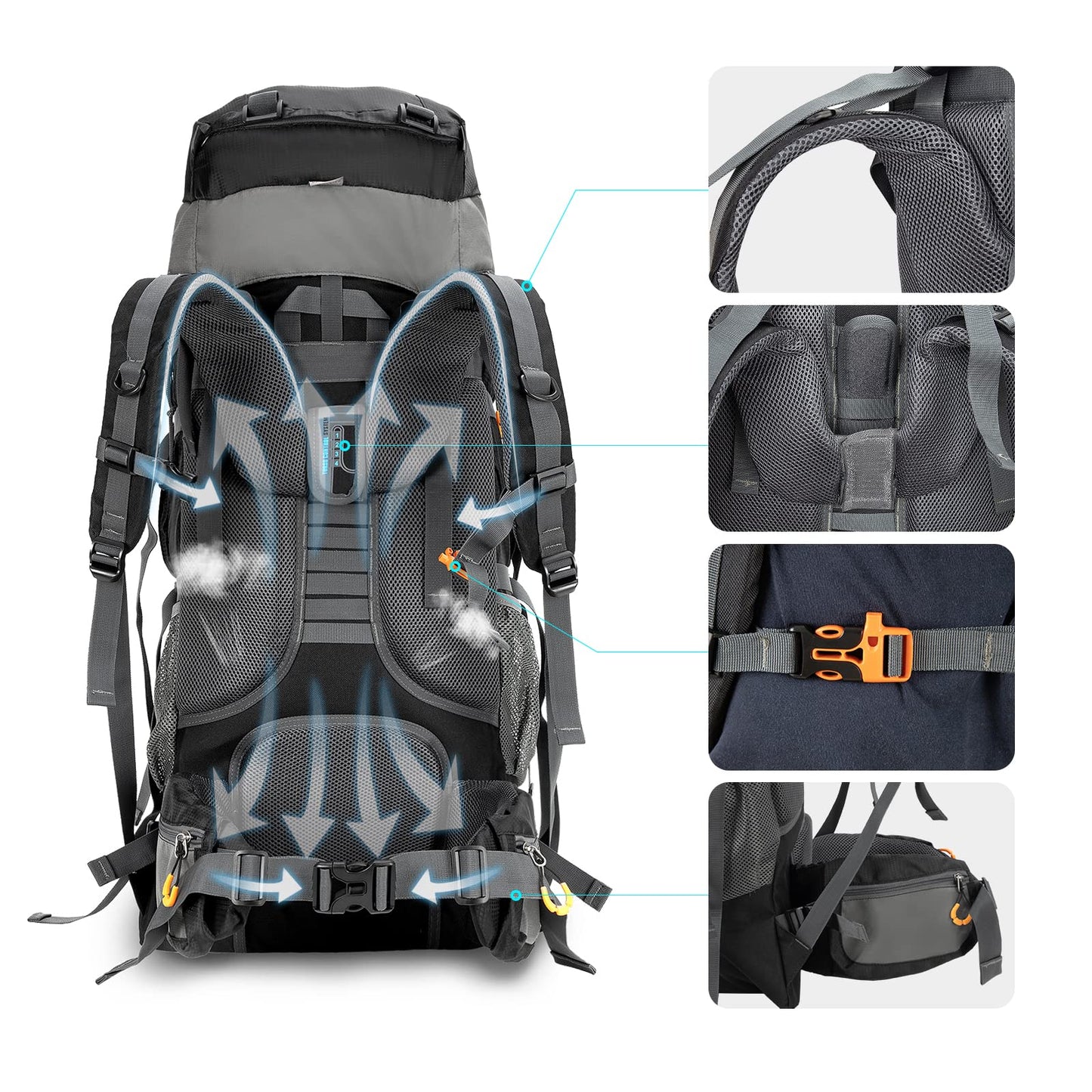 Night Cat Camping Backpacks 90L with Self-Inflatable Camping Pillow for Men Women Waterproof Lightweight Breathable Outdoor Mountaineering Traveling