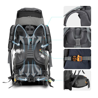 Night Cat Camping Backpacks 90L with Self-Inflatable Camping Pillow for Men Women Waterproof Lightweight Breathable Outdoor Mountaineering Traveling