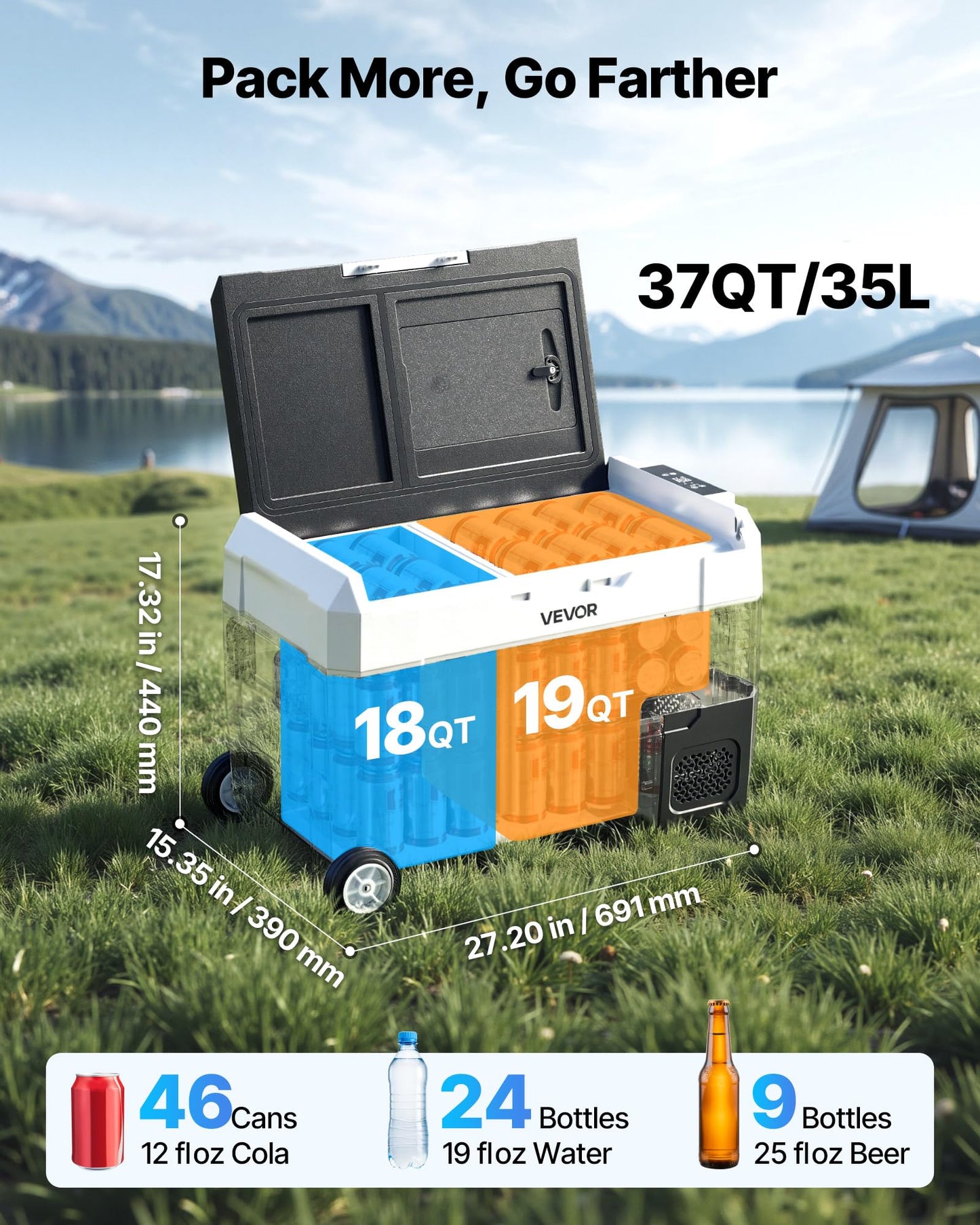 VEVOR Car Refrigerator, DC 12/24V AC100-240V Compressor Electric Cooler, -4°F to 68°F Truck Refrigerator with APP Control, Wheels & Dual Zone, 37 QT Cars Cooler for RVs, Boats, Camping, Fishing