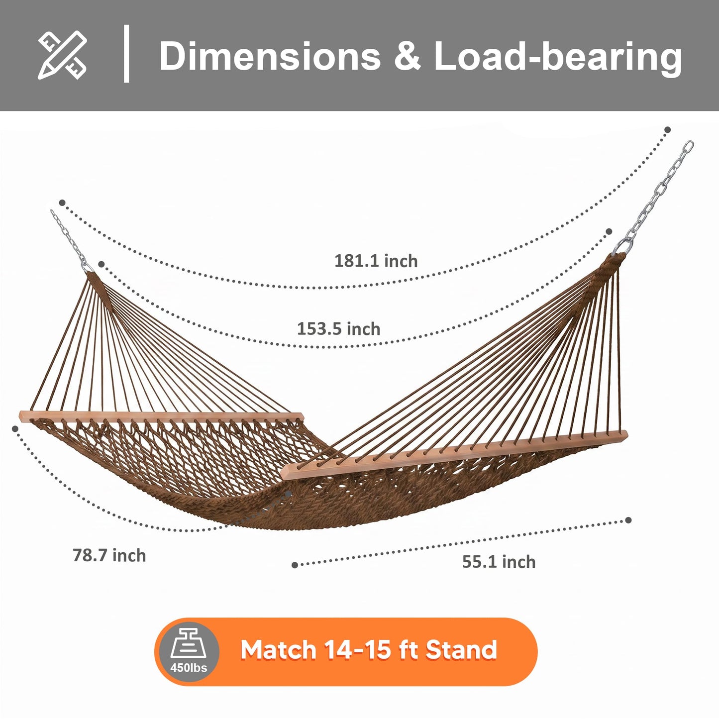 SUNCREAT Hanging Backyard Rope Hammock with Spreader Bar, Carrying Bag, 450 lbs Capacity, Portable Two Person Hammock with Tree Hooks, Brown