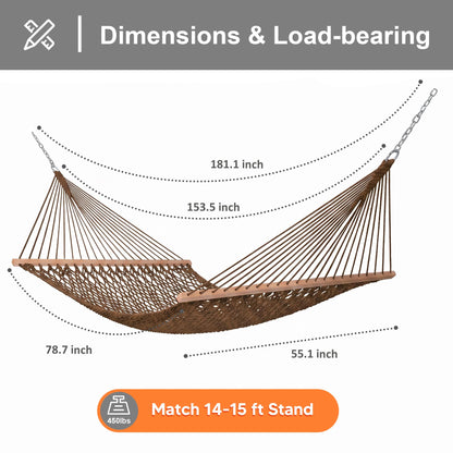 SUNCREAT Hanging Backyard Rope Hammock with Spreader Bar, Carrying Bag, 450 lbs Capacity, Portable Two Person Hammock with Tree Hooks, Brown
