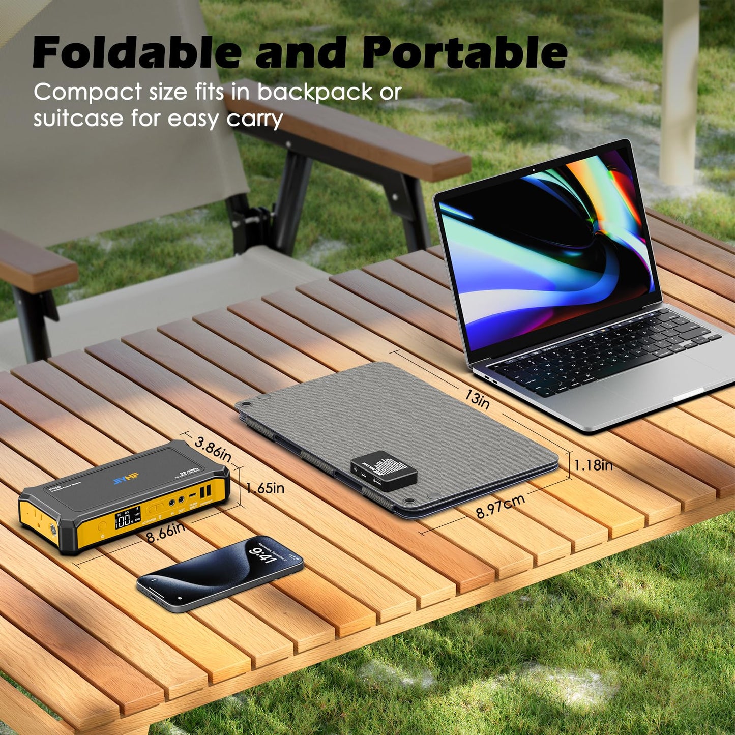 JIYHF Portable Power Station 99.9Wh with Foldable Solar Panel 30W, Laptop Charger & Backup Power with 65W USB-C PD, 100W AC Outlet, 12V DC Output, LED Light for Camping, Home Backup, Emergency, RV