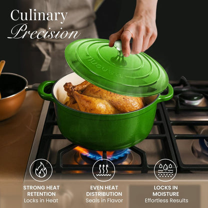 Cast Iron Pot with Lid-Non-Stick Ovenproof Enamelled Casserole Pot, Oven Safe up to 500° F-Sturdy Dutch Oven Cookware - Green, 5-Quart, 24cm-by Nuovva