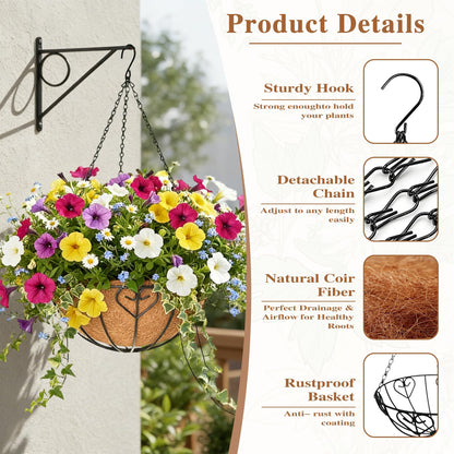 4 Pack Hanging Planter for Outdoor Plants 14 inch Metal Hanging Flower Basket with Coco Coir Liner Round Wire Plant Holder Chain Flower Pots Outdoor Garden Decoration Watering Hanging Baskets（AX）