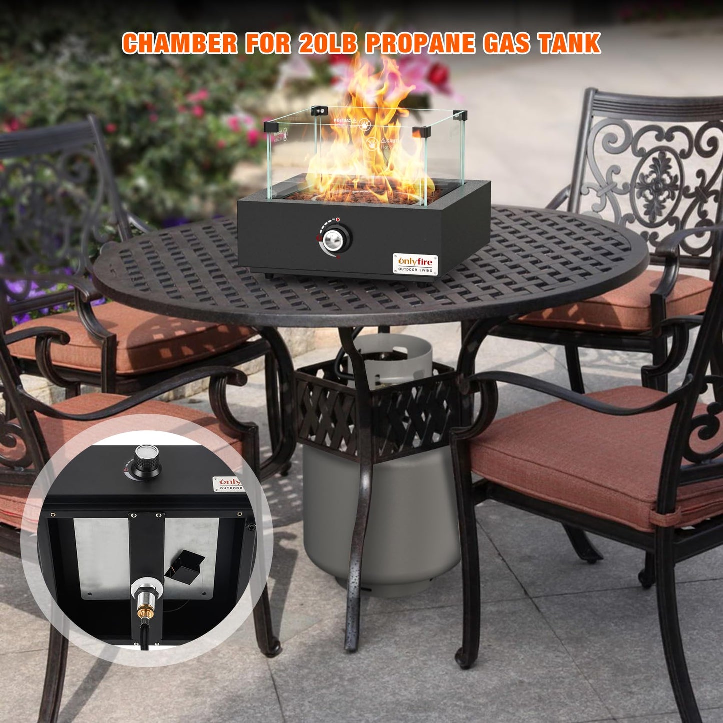 ONLYFIRE OUTDOOR LIVING Portable Propane Gas Fire Pit Bottom-Mounted for Table with Umbrella Hole, Tabletop Smokeless Firepit with Wind Guard for Patio Camping RV Tailgating, 23000BTU, Square FP041