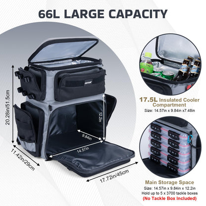 Goture Fishing Backpack with Cooler, 66L 600D Tackle Backpack with 3 Rod Holders, EVA Cover, Helmet Holder, Rain Cover, Saltwater Large Fishing Bag for Camping Hiking, Gear Storage Bag, Gifts for Men