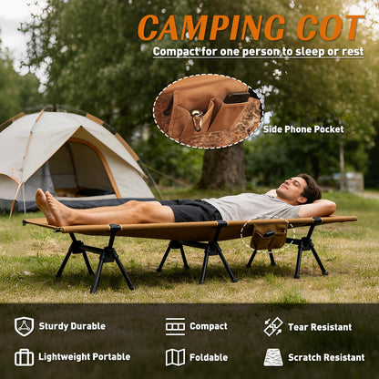 POMOLY Lightweight Camping Cot, 3-Level Height Adjustable Folding Bed for Adults, Portable Outdoor Heavy-Duty Reinforced Legs, 400 lbs Capacity, Military Army Ultralight Backpacking Hunting