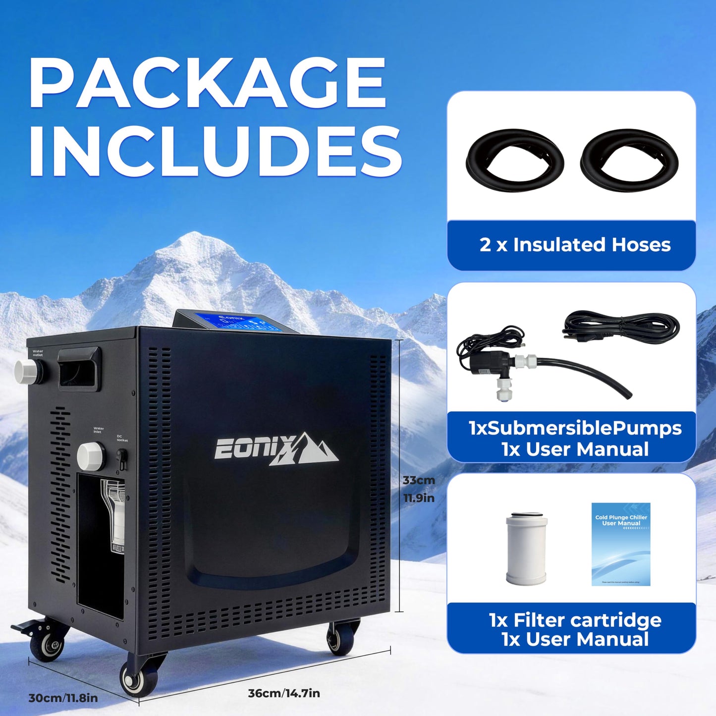 EONIX Upgrade 1/3 HP Cold Plunge Chiller,Ice Bath Water Chiller for Cold Plunge Tubs,42°F Cold Plunge Cooling System,Built-in Filter & Pump, Insulated Hoses,Ideal for Ice Bath Recovery,110V