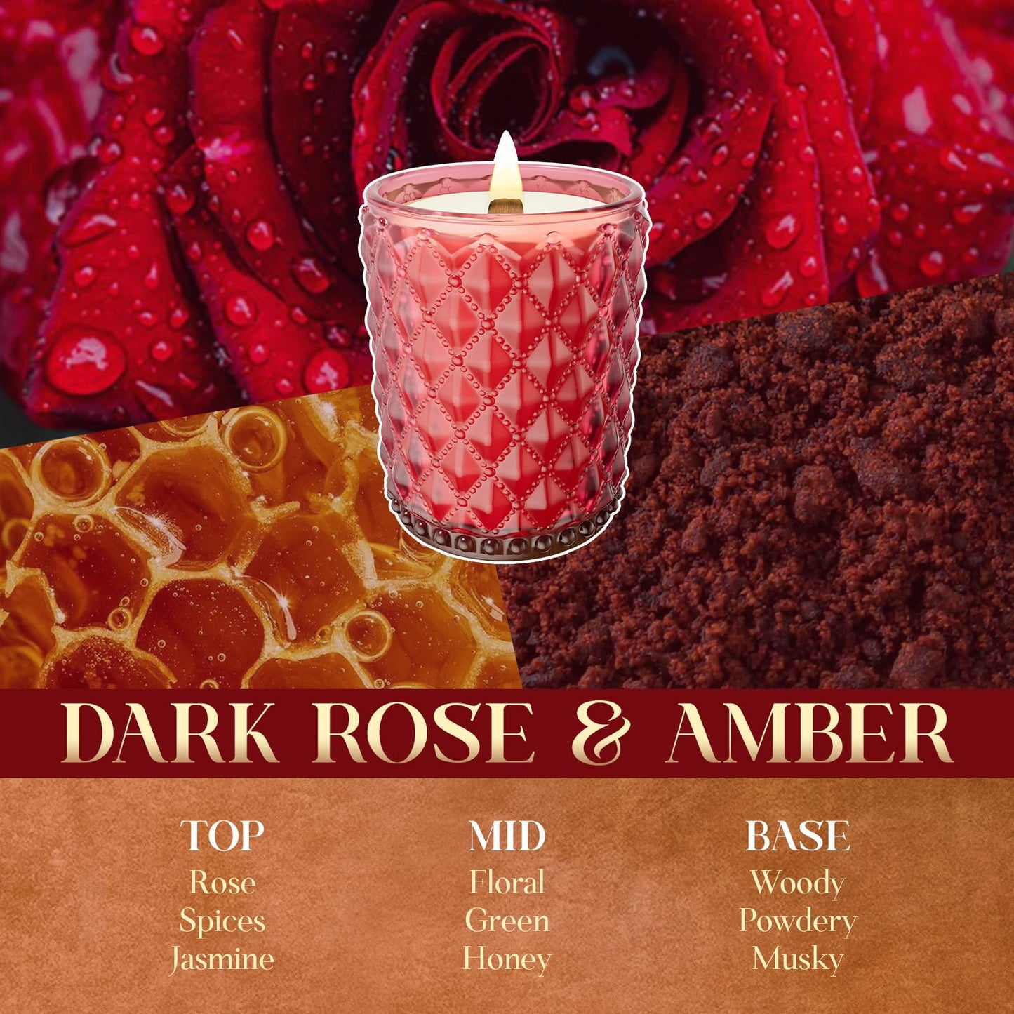 M&SENSE 16.6oz Wood Wick Scented Candle, Non Toxic Soy Wax with Crackling Wick, DarkRoseAmber Scent 100H Burn Long Lasting for Bedroom Kitchen Home Decor, Housewarming Gifts for Family Friends