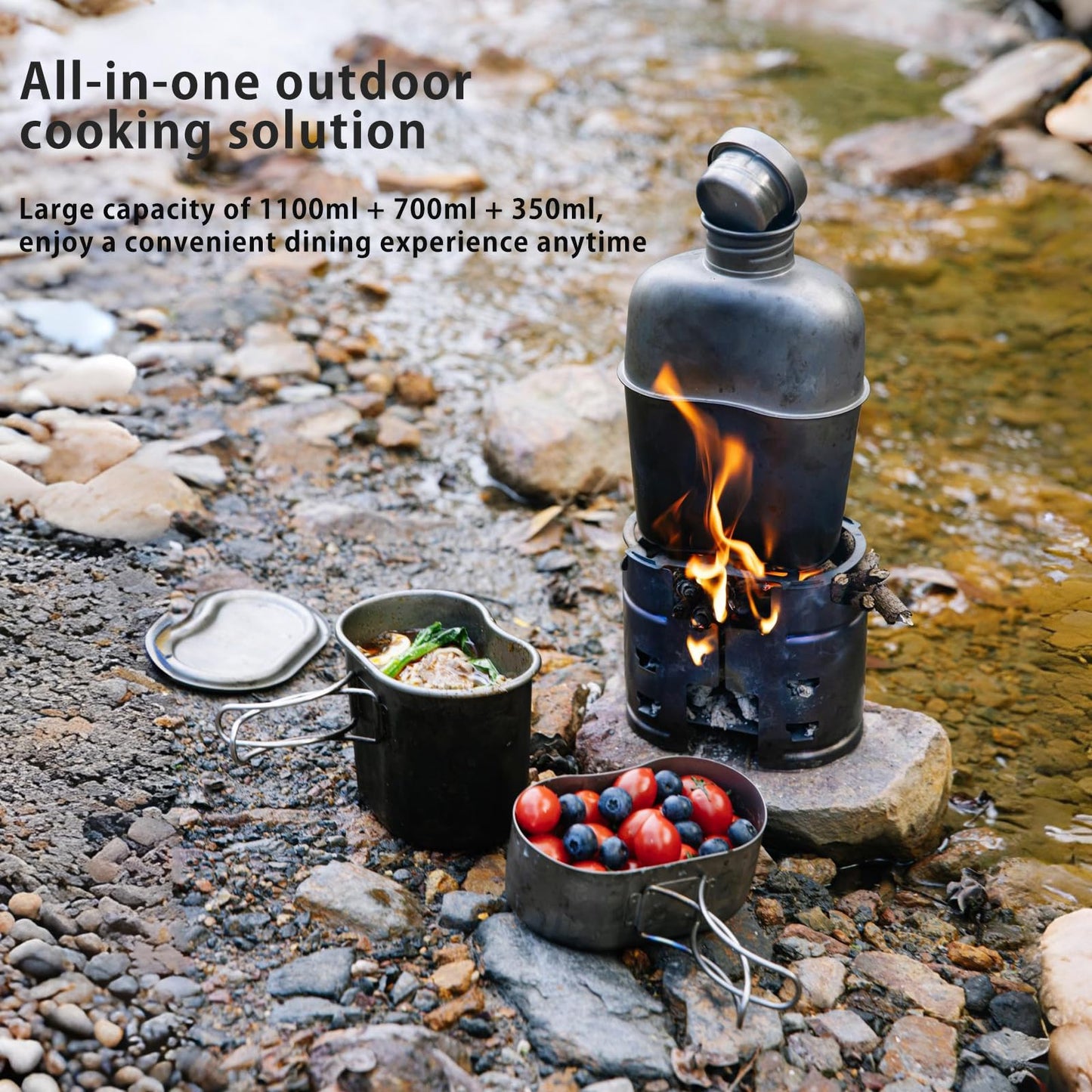 KEITH Titanium Ti3061 Canteen Mess Kit with Stove 1100 ml Titanium Kettle Wood Stove 700 ml Camping Pot with Folding Handle 350 ml Tactical Mug Storage Bag Suitable for Hiking and Mountaineering