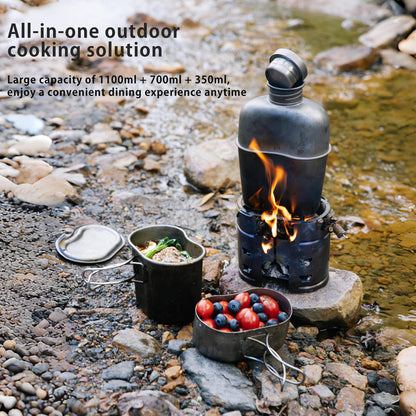 KEITH Titanium Ti3061 Canteen Mess Kit with Stove 1100 ml Titanium Kettle Wood Stove 700 ml Camping Pot with Folding Handle 350 ml Tactical Mug Storage Bag Suitable for Hiking and Mountaineering